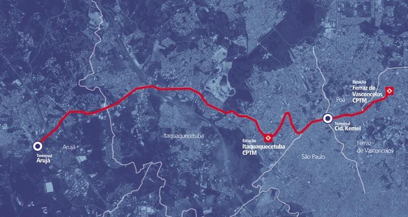 Karte von corredor BRT metropolitano Umlaufende Alto Tietê