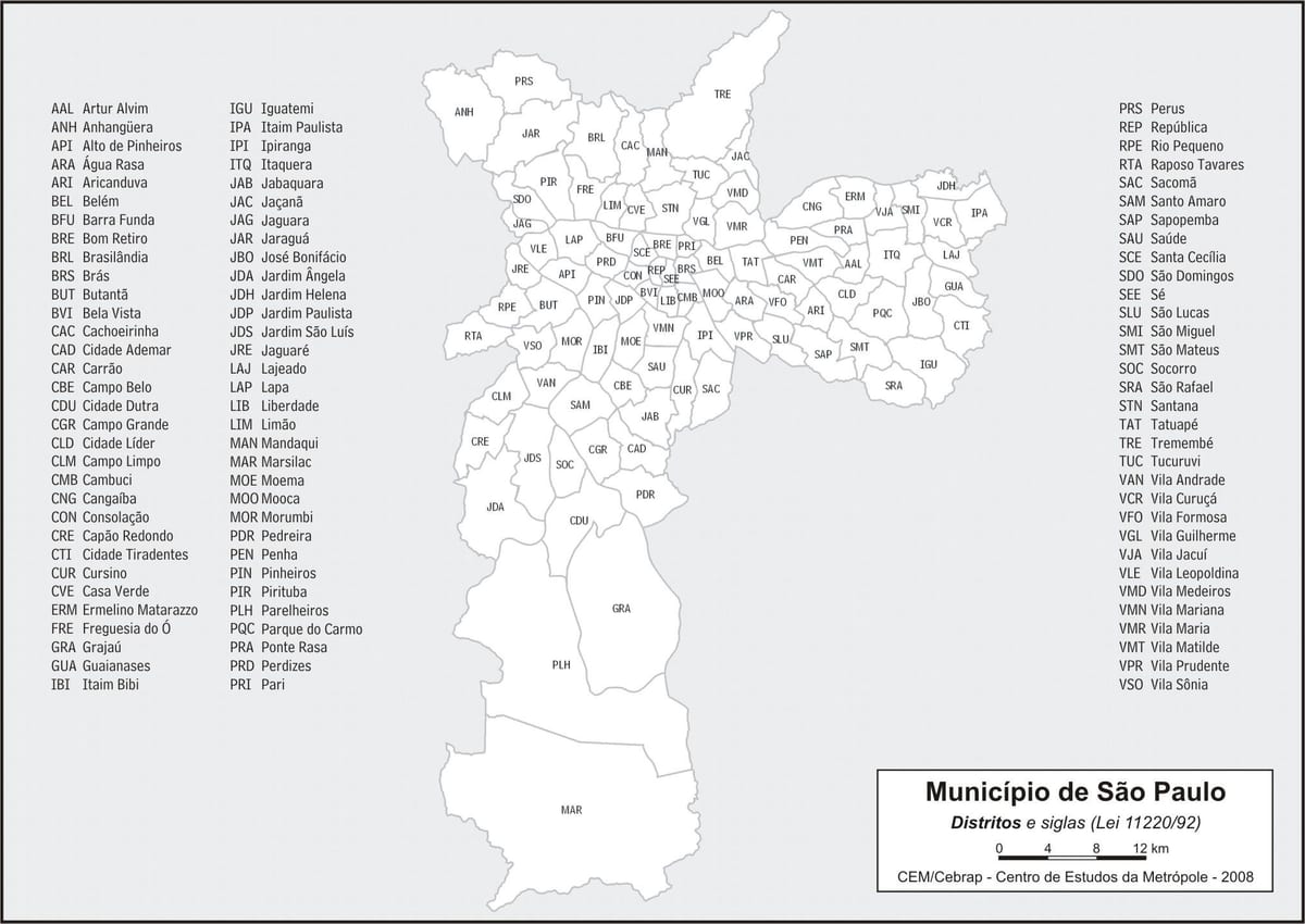 Karte der Stadtbezirke von São Paulo