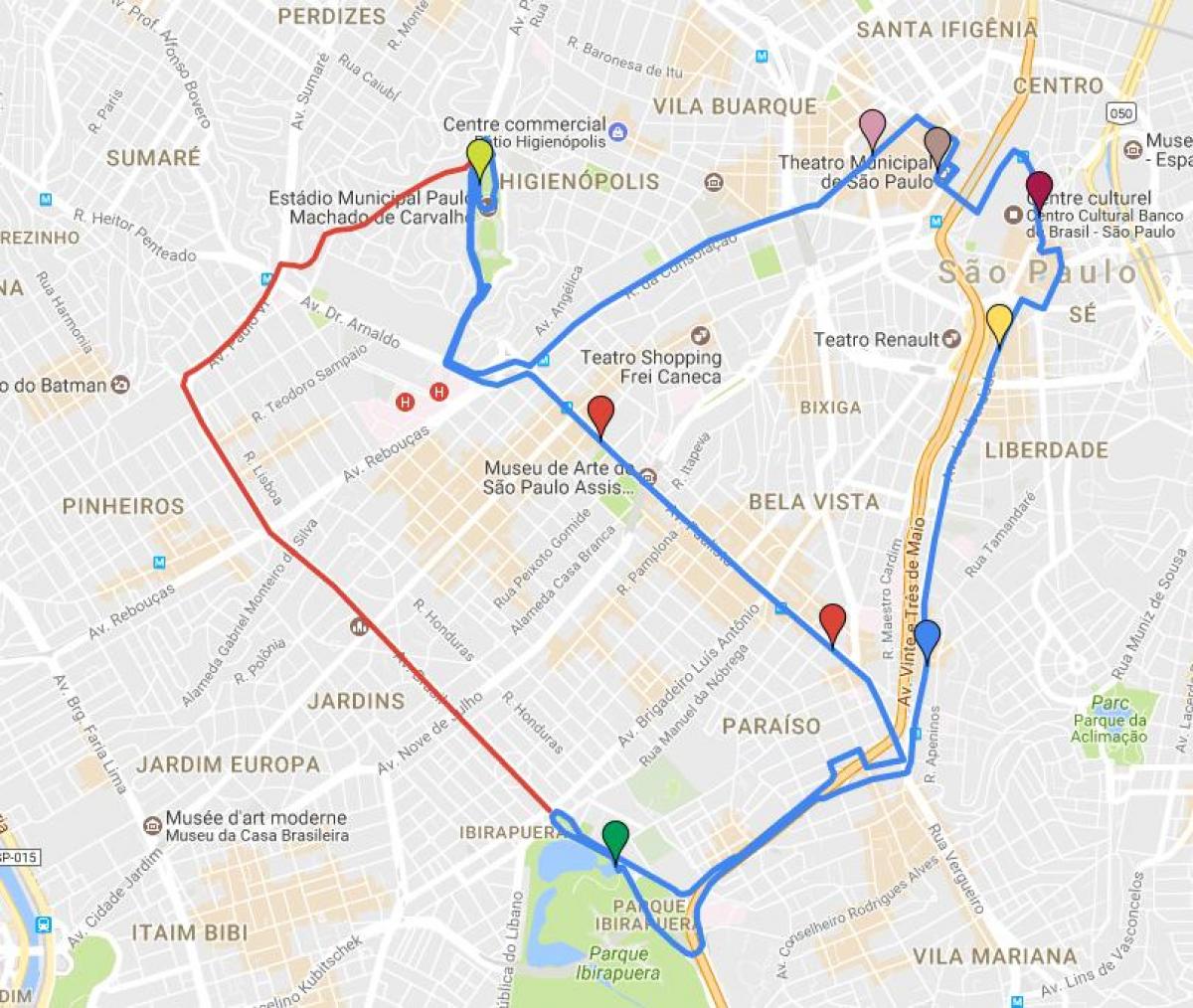 Karte von kreisförmigen turismo São Paulo - Linien