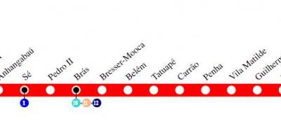 Karte von São Paulo U-Bahn - Linie 3 - Rot